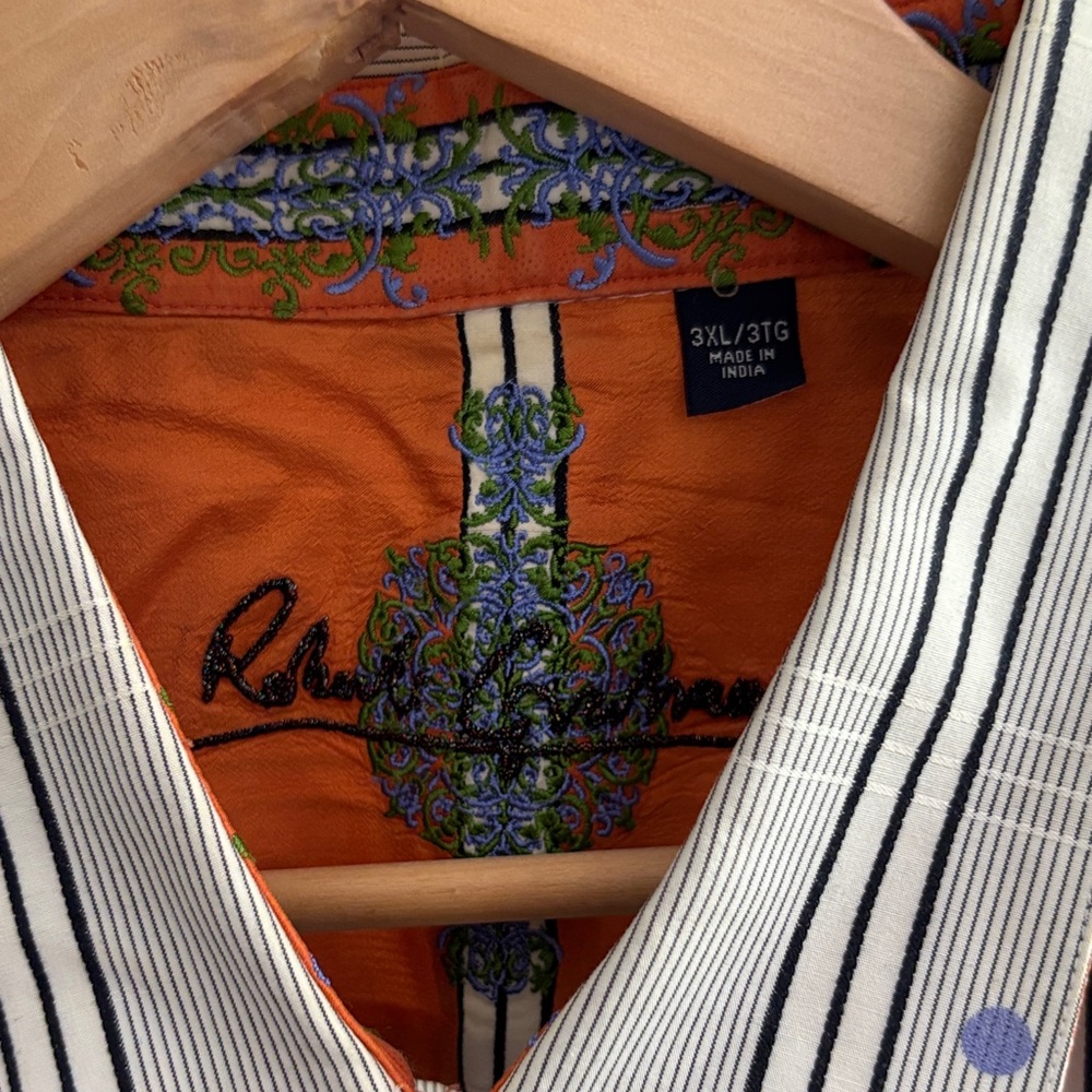 Robert Graham Black and White Striped Shirt with Orange and Green Details
